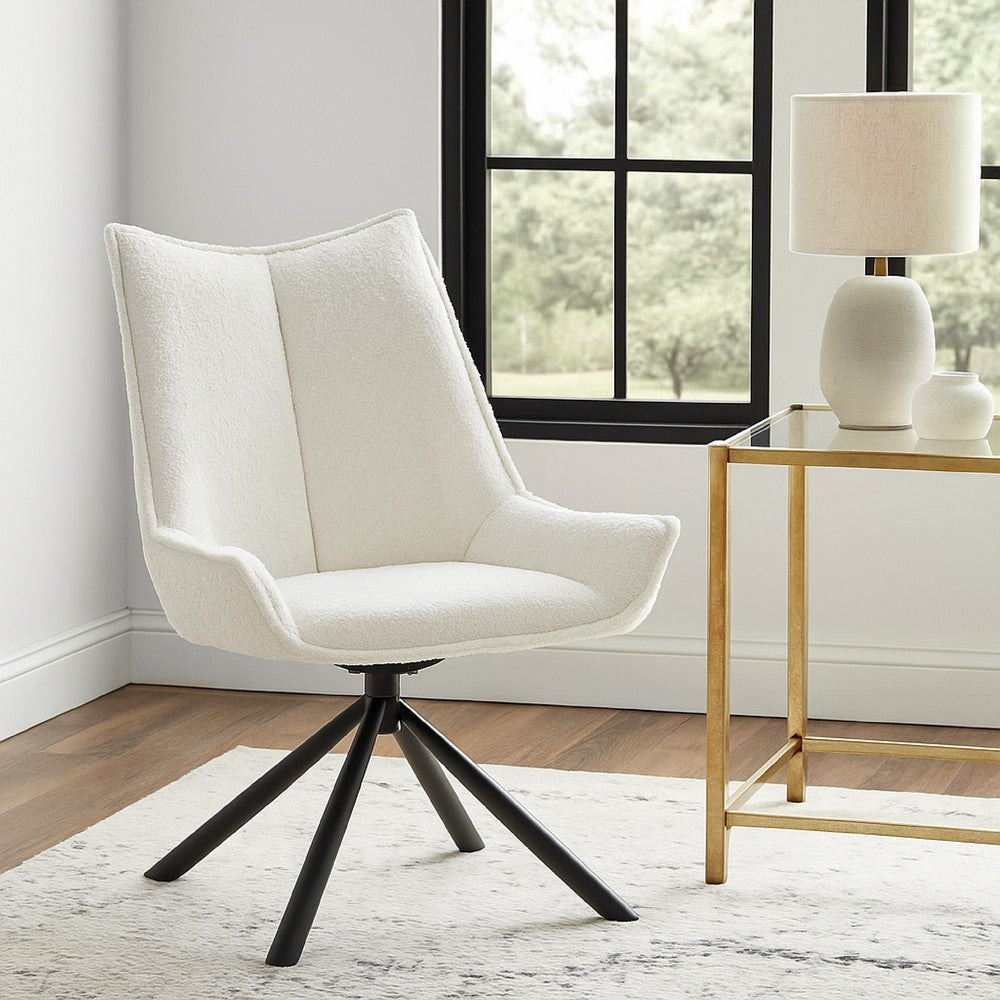 Benjara Amyra Swivel Accent Side Chair, White Fabric, Modern Black Iron Frame