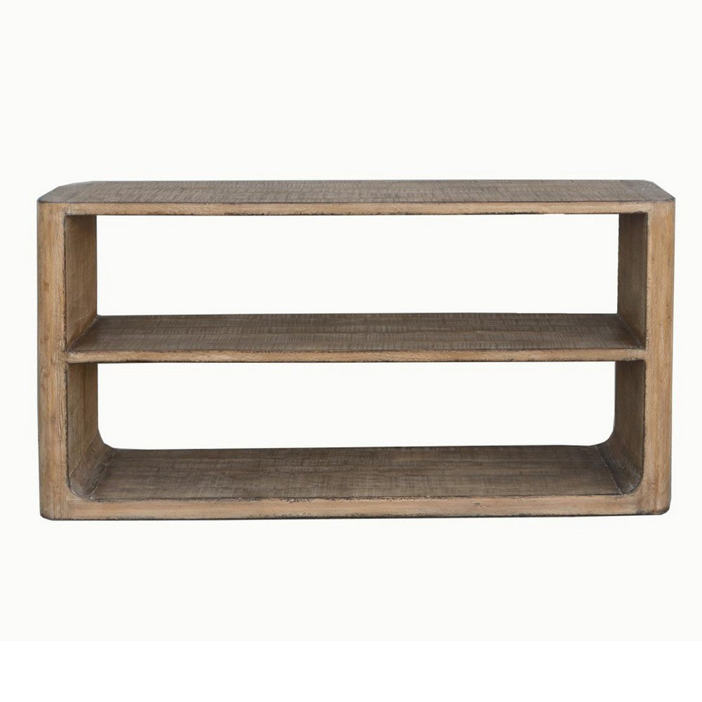 Benjara Roki Sofa Console Table w 2 Shelf, 60 Inch Natural Brown Pine Wood Top