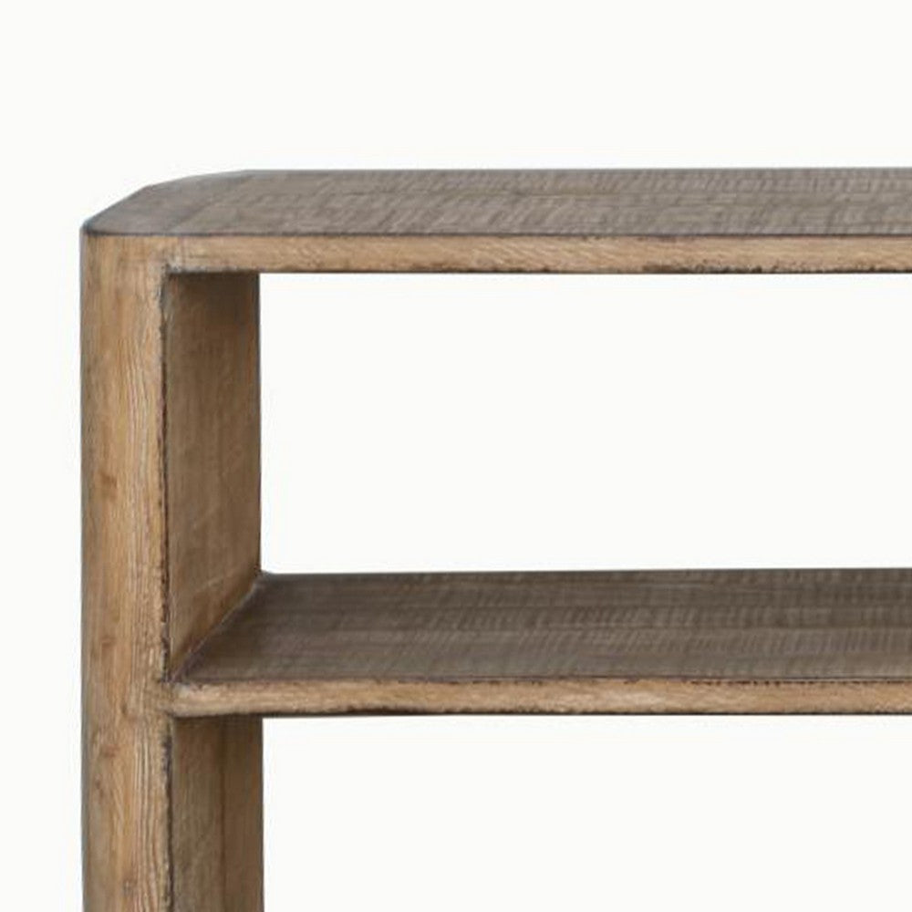 Benjara Roki Sofa Console Table w 2 Shelf, 60 Inch Natural Brown Pine Wood Top