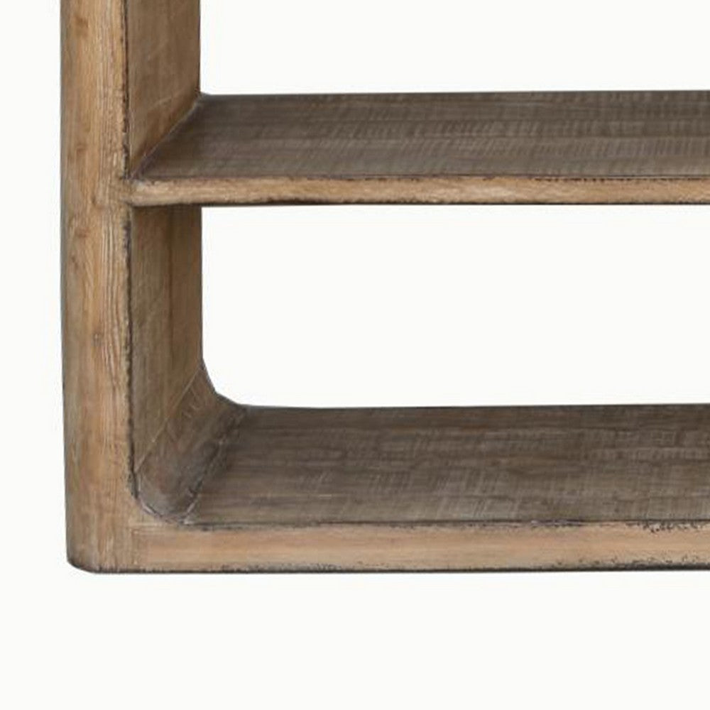 Benjara Roki Sofa Console Table w 2 Shelf, 60 Inch Natural Brown Pine Wood Top