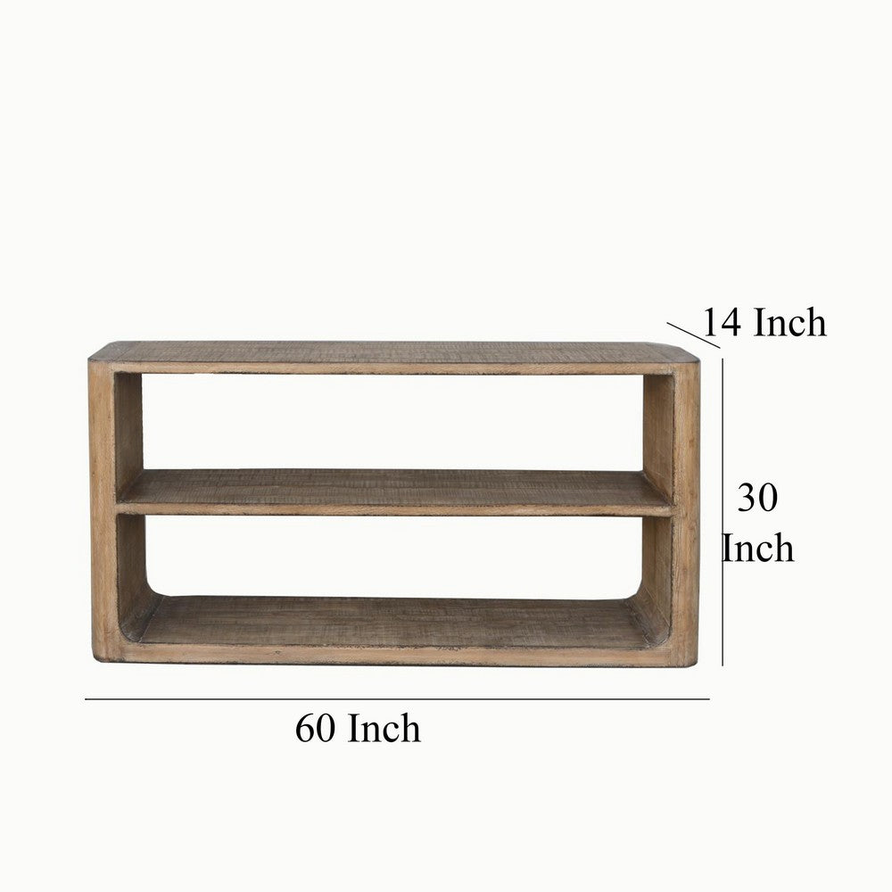 Benjara Roki Sofa Console Table w 2 Shelf, 60 Inch Natural Brown Pine Wood Top