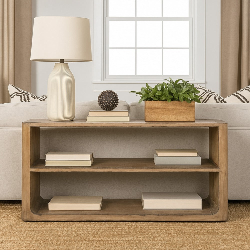 Benjara Roki Sofa Console Table w 2 Shelf, 60 Inch Natural Brown Pine Wood Top