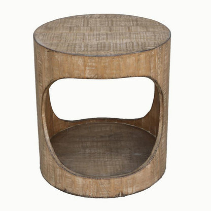 Benjara Roki Side End Table w Shelf, 22 Inch Natural Brown Pine Wood Round Top