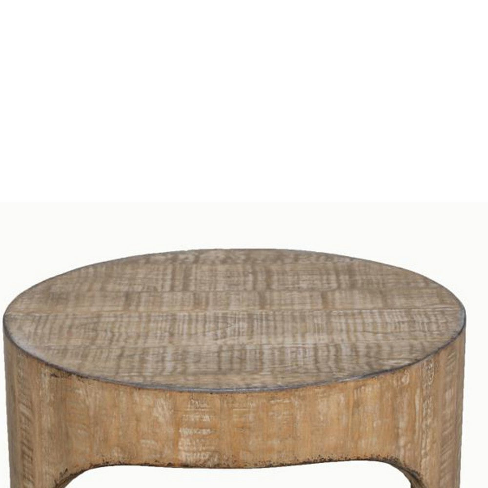 Benjara Roki Side End Table w Shelf, 22 Inch Natural Brown Pine Wood Round Top