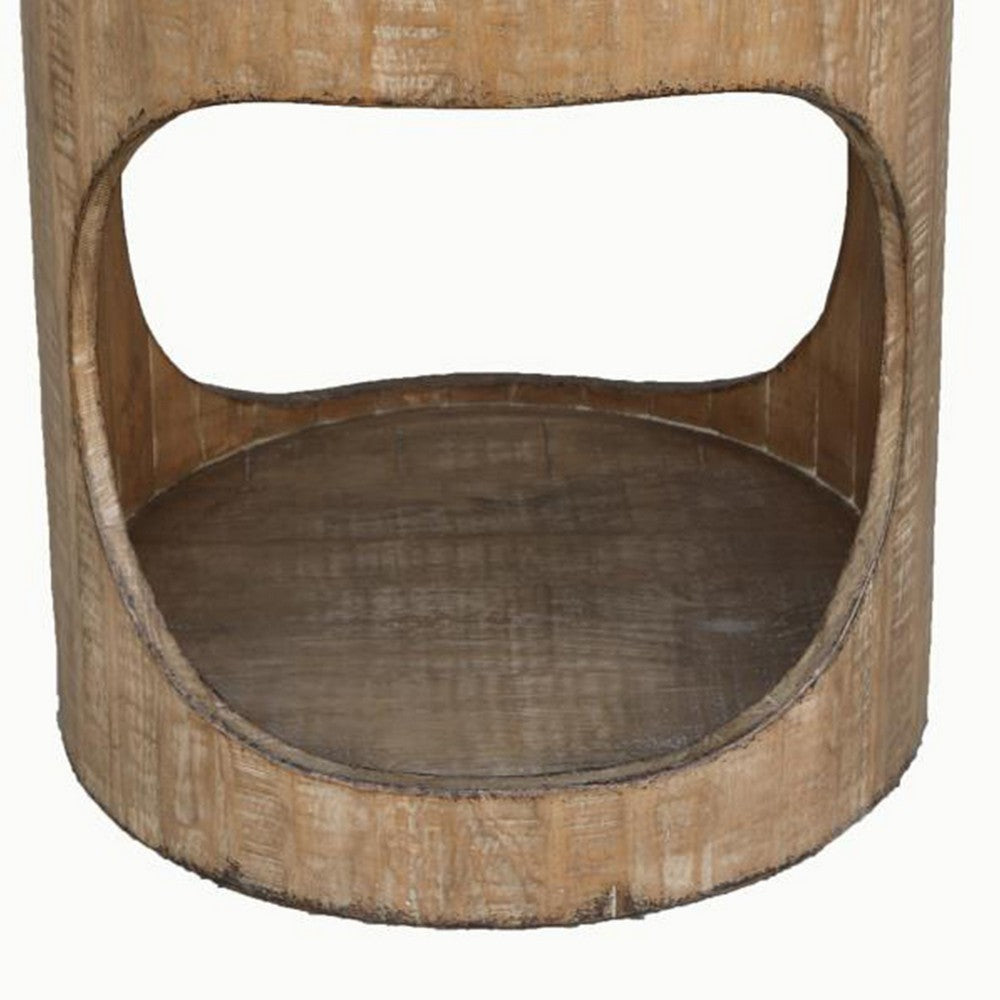 Benjara Roki Side End Table w Shelf, 22 Inch Natural Brown Pine Wood Round Top