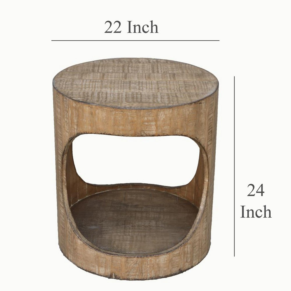 Benjara Roki Side End Table w Shelf, 22 Inch Natural Brown Pine Wood Round Top