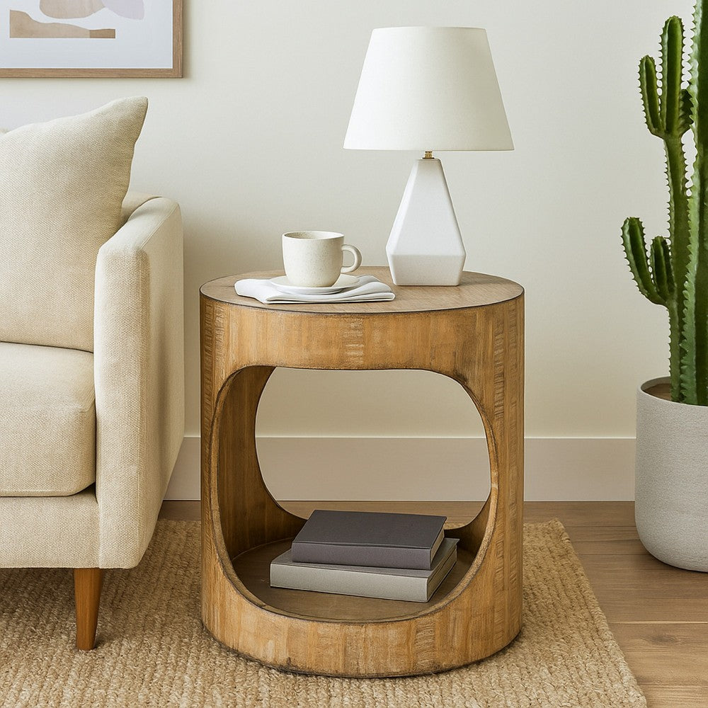 Benjara Roki Side End Table w Shelf, 22 Inch Natural Brown Pine Wood Round Top