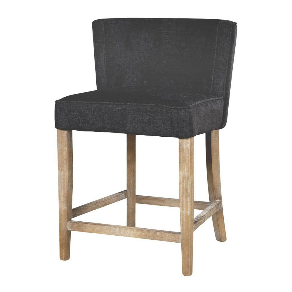 Benjara Cly Counter Stool Chair, Soft Dark Gray Fabric, Graywash Solid Wood
