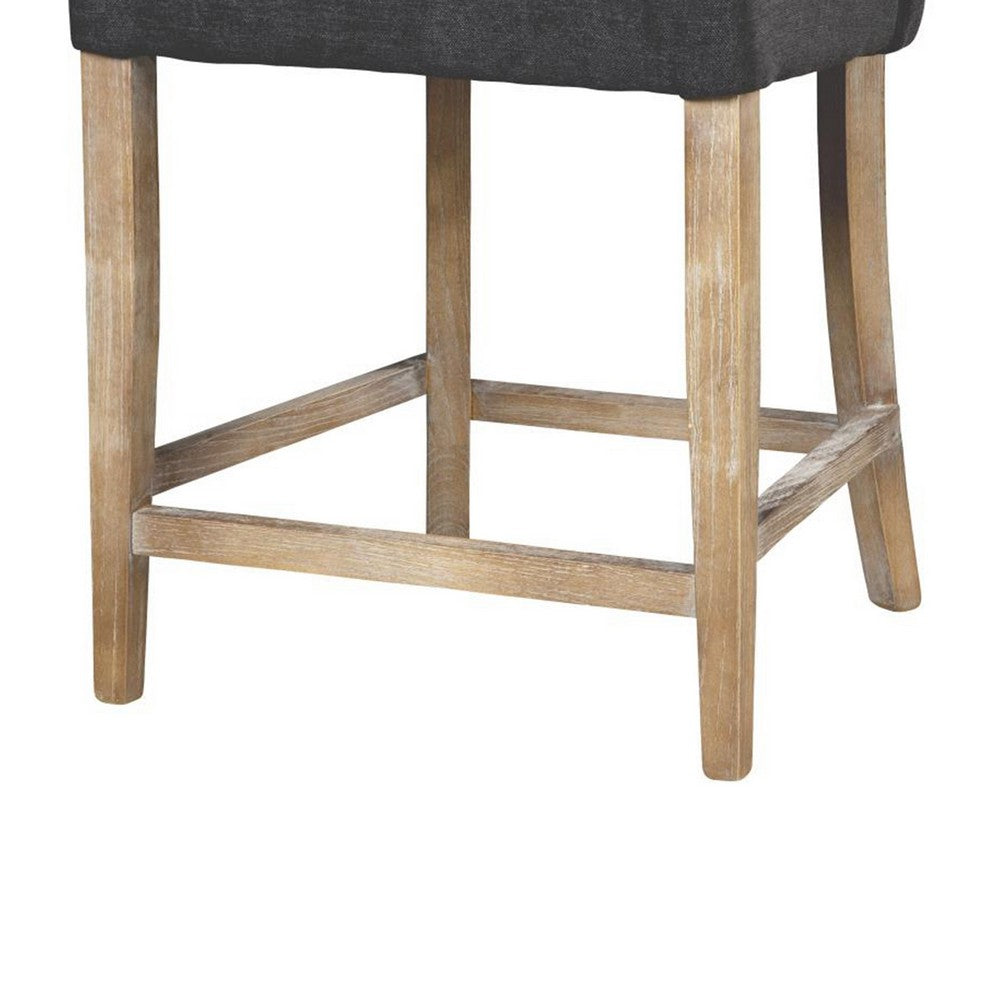 Benjara Cly Counter Stool Chair, Soft Dark Gray Fabric, Graywash Solid Wood