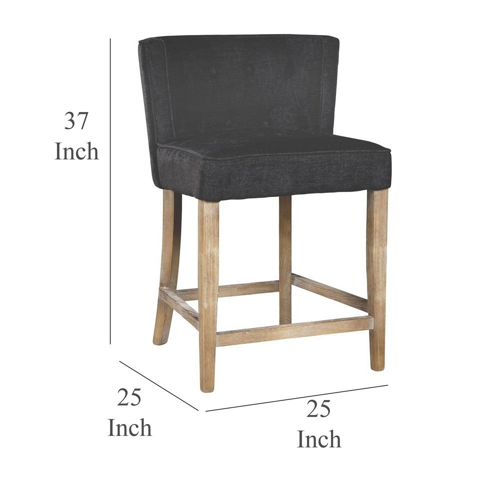 Benjara Cly Counter Stool Chair, Soft Dark Gray Fabric, Graywash Solid Wood