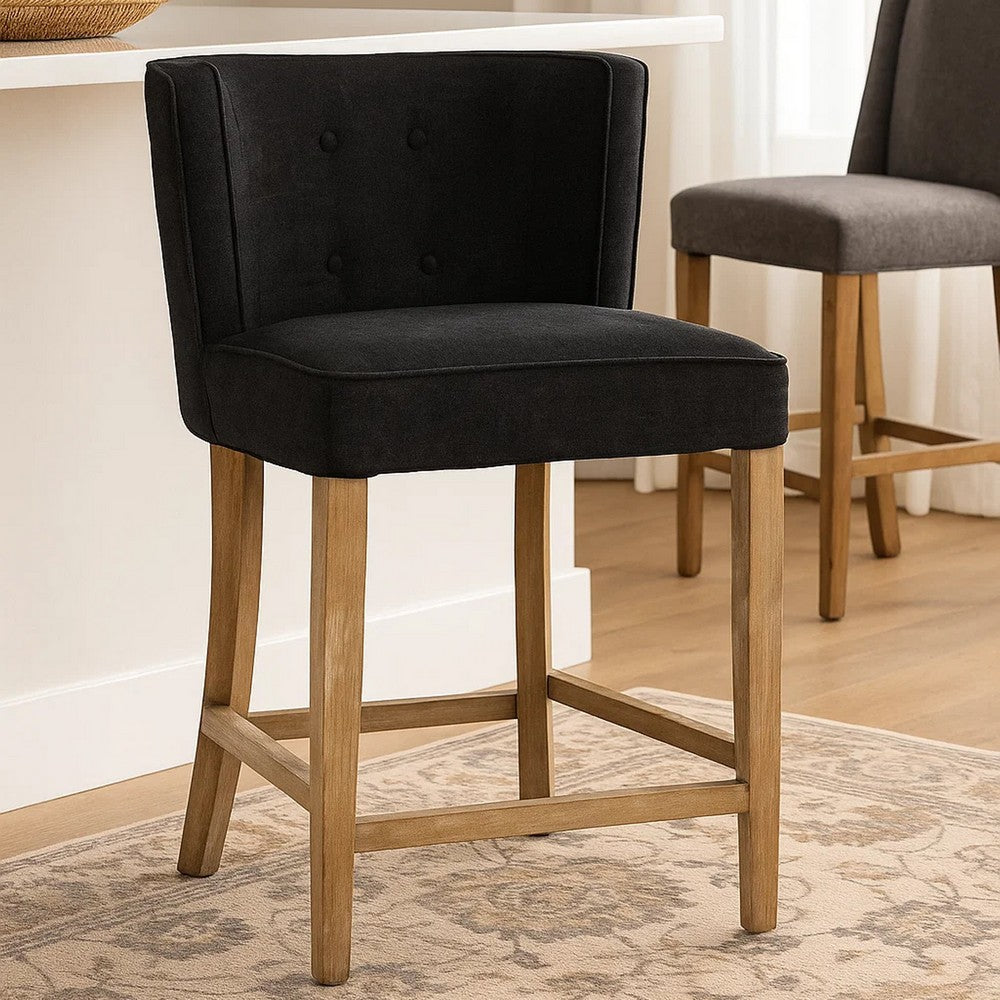 Benjara Cly Counter Stool Chair, Soft Dark Gray Fabric, Graywash Solid Wood