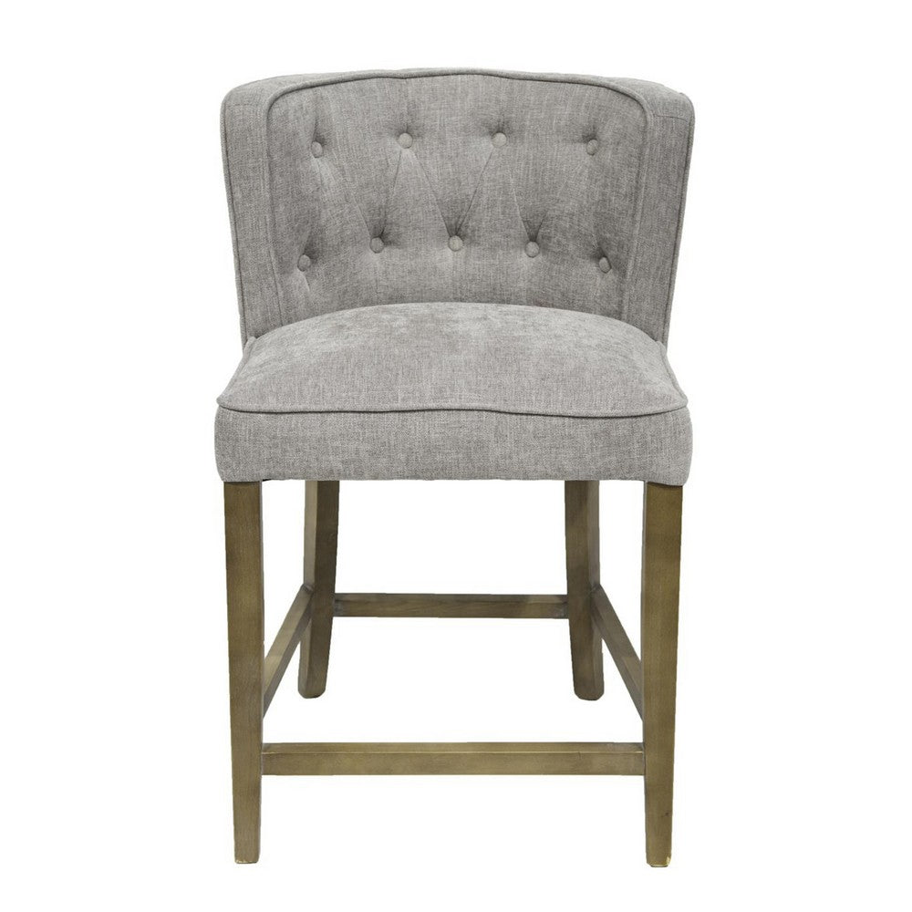 Benjara Cly Counter Stool Chair, Soft Light Gray Fabric, Graywash Solid Wood