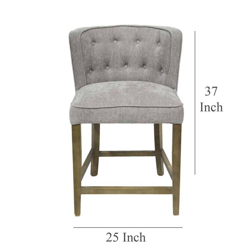 Benjara Cly Counter Stool Chair, Soft Light Gray Fabric, Graywash Solid Wood
