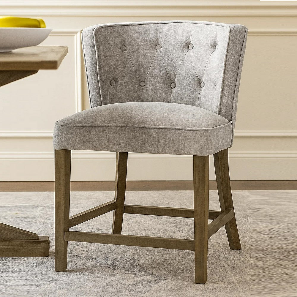 Benjara Cly Counter Stool Chair, Soft Light Gray Fabric, Graywash Solid Wood