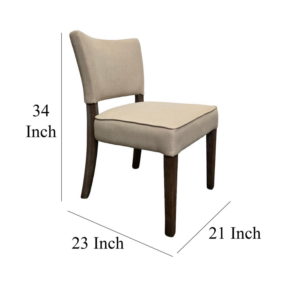 Benjara Rea Dining Side Chair Set of 2, Beige Fabric, Oak Brown Solid Wood