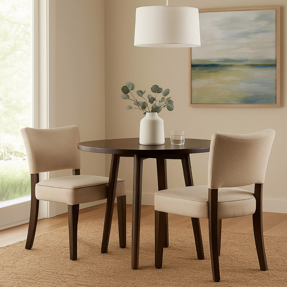 Benjara Rea Dining Side Chair Set of 2, Beige Fabric, Oak Brown Solid Wood
