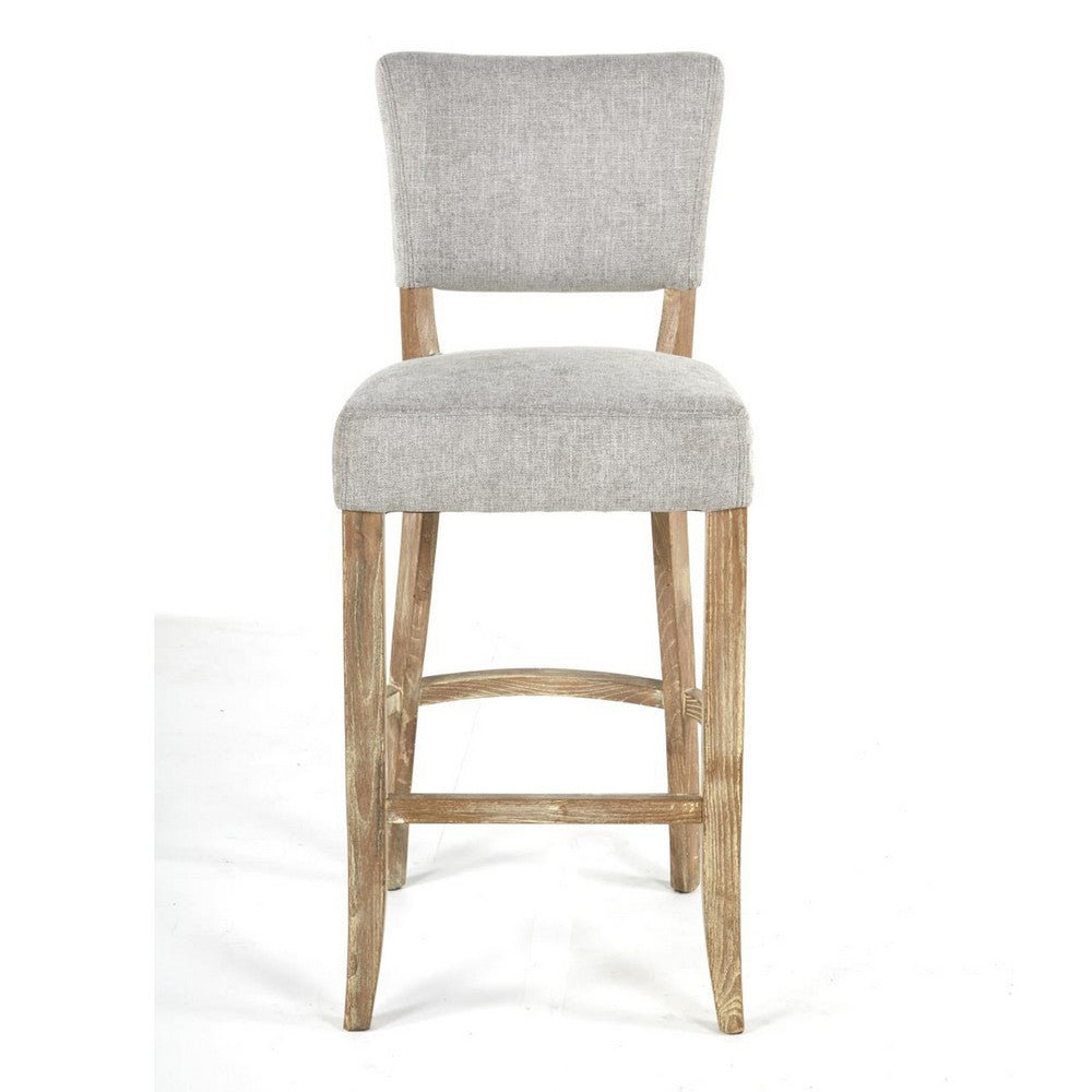 Benjara Ryna Barstool Chair, Plush Light Gray Fabric, Washed Oak Solid Wood