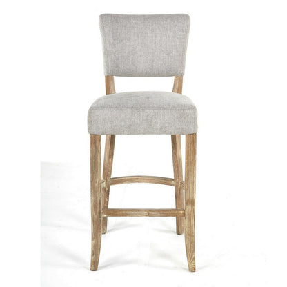 Benjara Ryna Barstool Chair, Plush Light Gray Fabric, Washed Oak Solid Wood