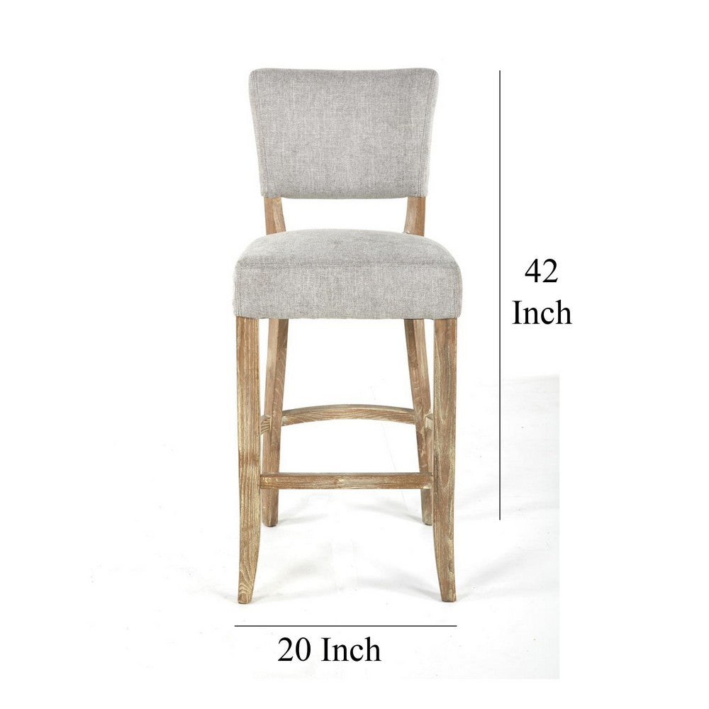 Benjara Ryna Barstool Chair, Plush Light Gray Fabric, Washed Oak Solid Wood