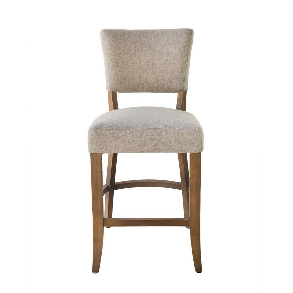 Benjara Ryna Counter Stool Chair, Light Gray Fabric, Oak Brown Solid Wood