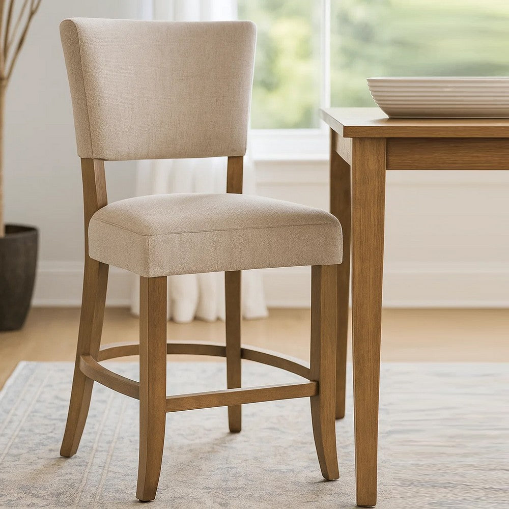 Benjara Ryna Counter Stool Chair, Light Gray Fabric, Oak Brown Solid Wood