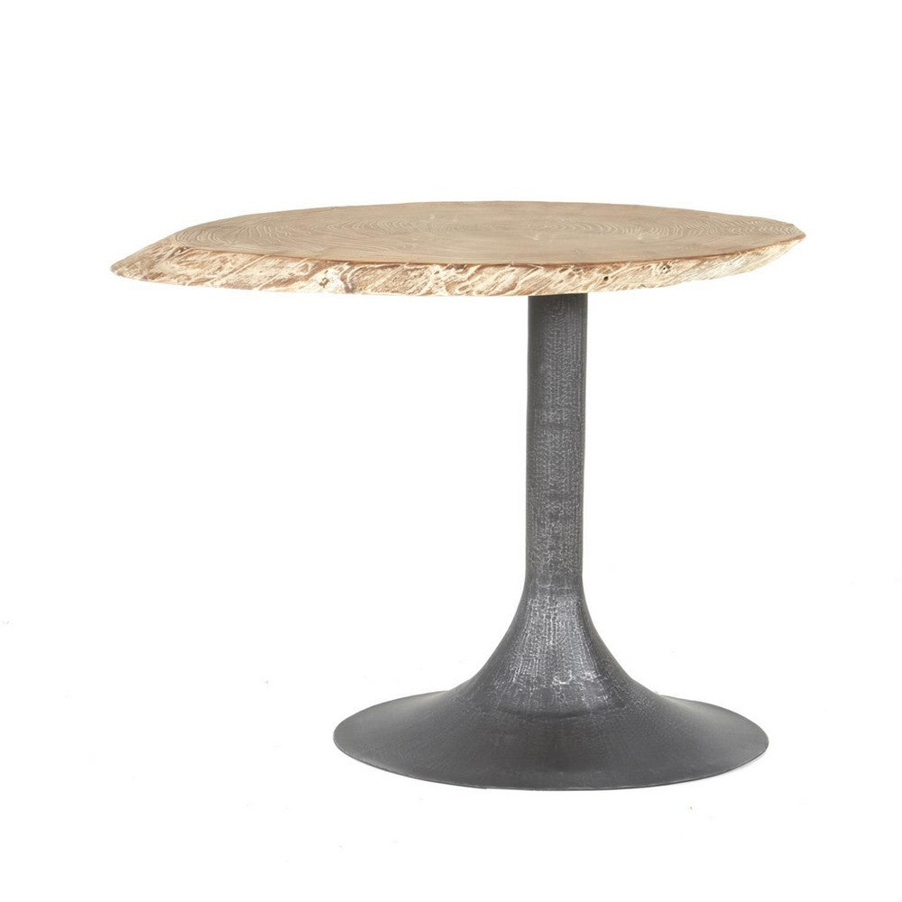 Benjara Lume Side End Table with Metal Trumpet Base, Gray Washed Live Edge Top