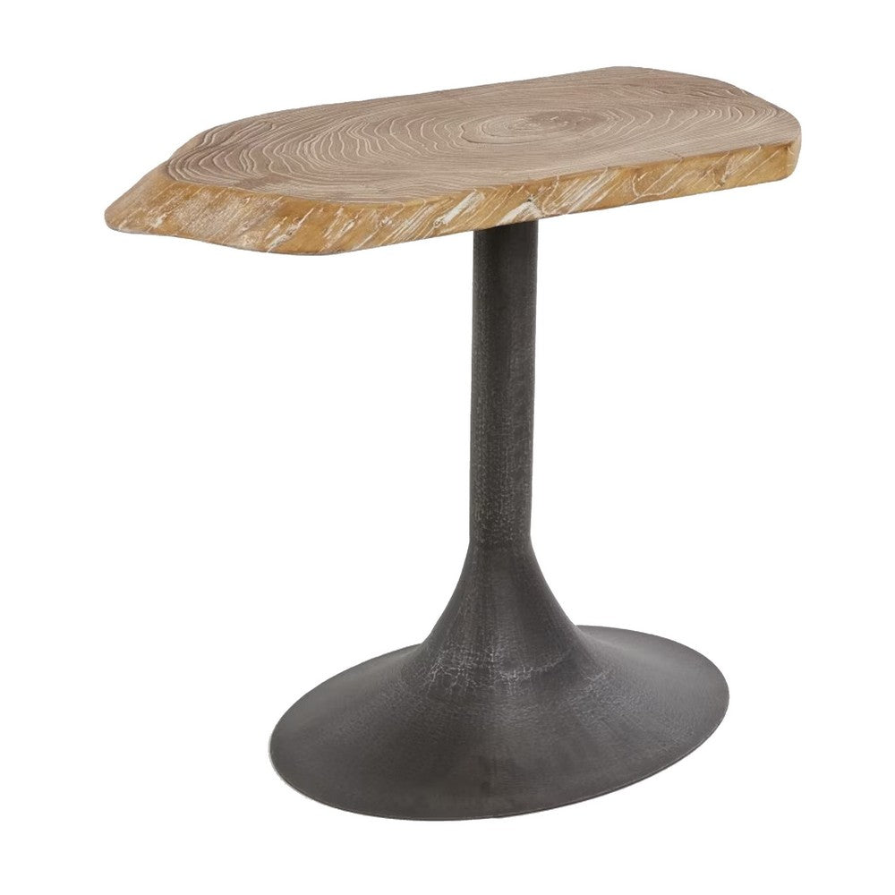 Benjara Lume Side End Table with Metal Trumpet Base, Gray Washed Live Edge Top