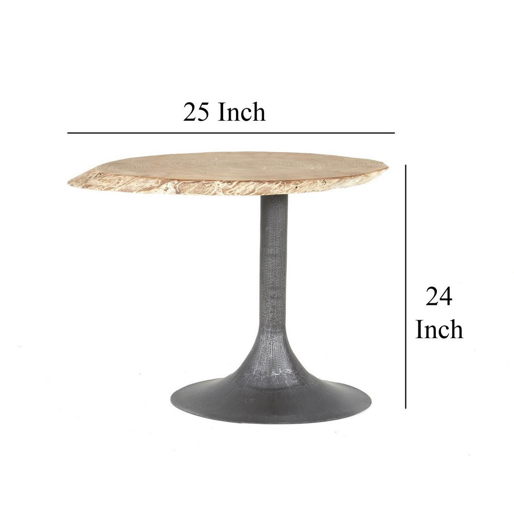 Benjara Lume Side End Table with Metal Trumpet Base, Gray Washed Live Edge Top