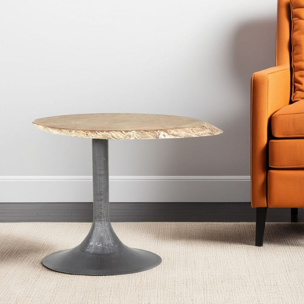 Benjara Lume Side End Table with Metal Trumpet Base, Gray Washed Live Edge Top