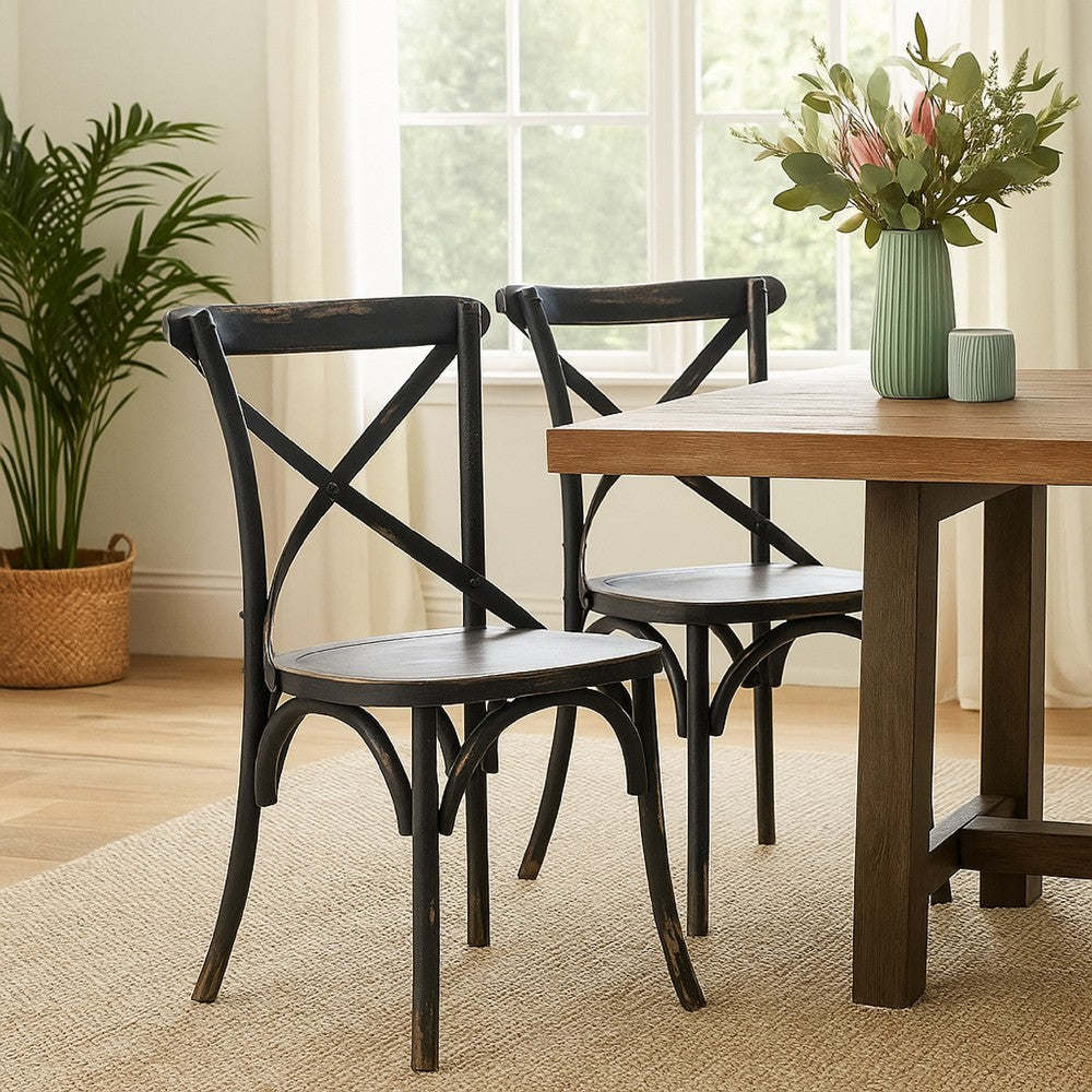 Benjara Puri Dining Side Chair Set of 2, X Shaped Backrest, Reclaimed Black