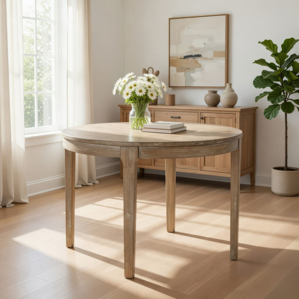 Benjara Tuley Dining Table, Tapered Legs, Pine Wood, Gray, 42 Inch Round Top