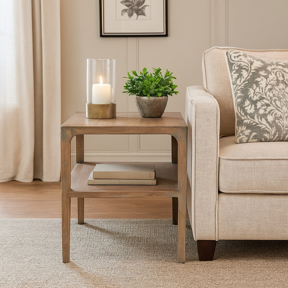 Benjara Tuley Corner End Table, Storage Shelf, Gray Pine Wood, 22in Square