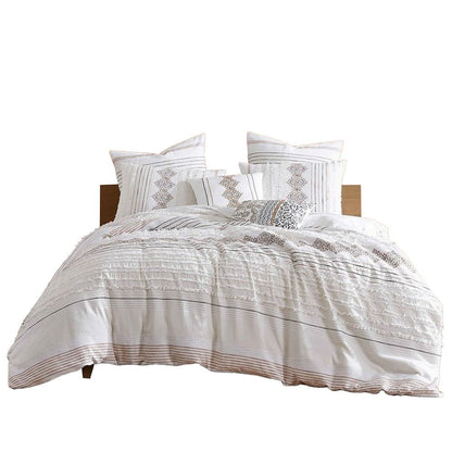 Benjara Jela 5pc King Size Comforter Set, Shams, White Clipped Jacquard Stripe