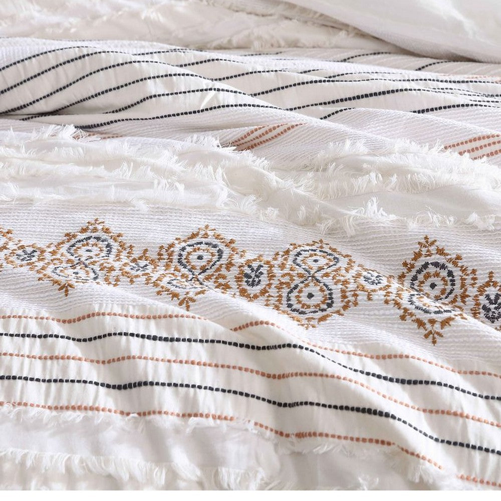 Benjara Jela 5pc King Size Comforter Set, Shams, White Clipped Jacquard Stripe