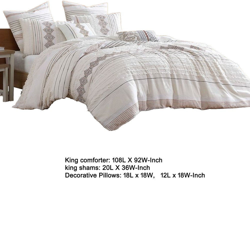 Benjara Jela 5pc King Size Comforter Set, Shams, White Clipped Jacquard Stripe