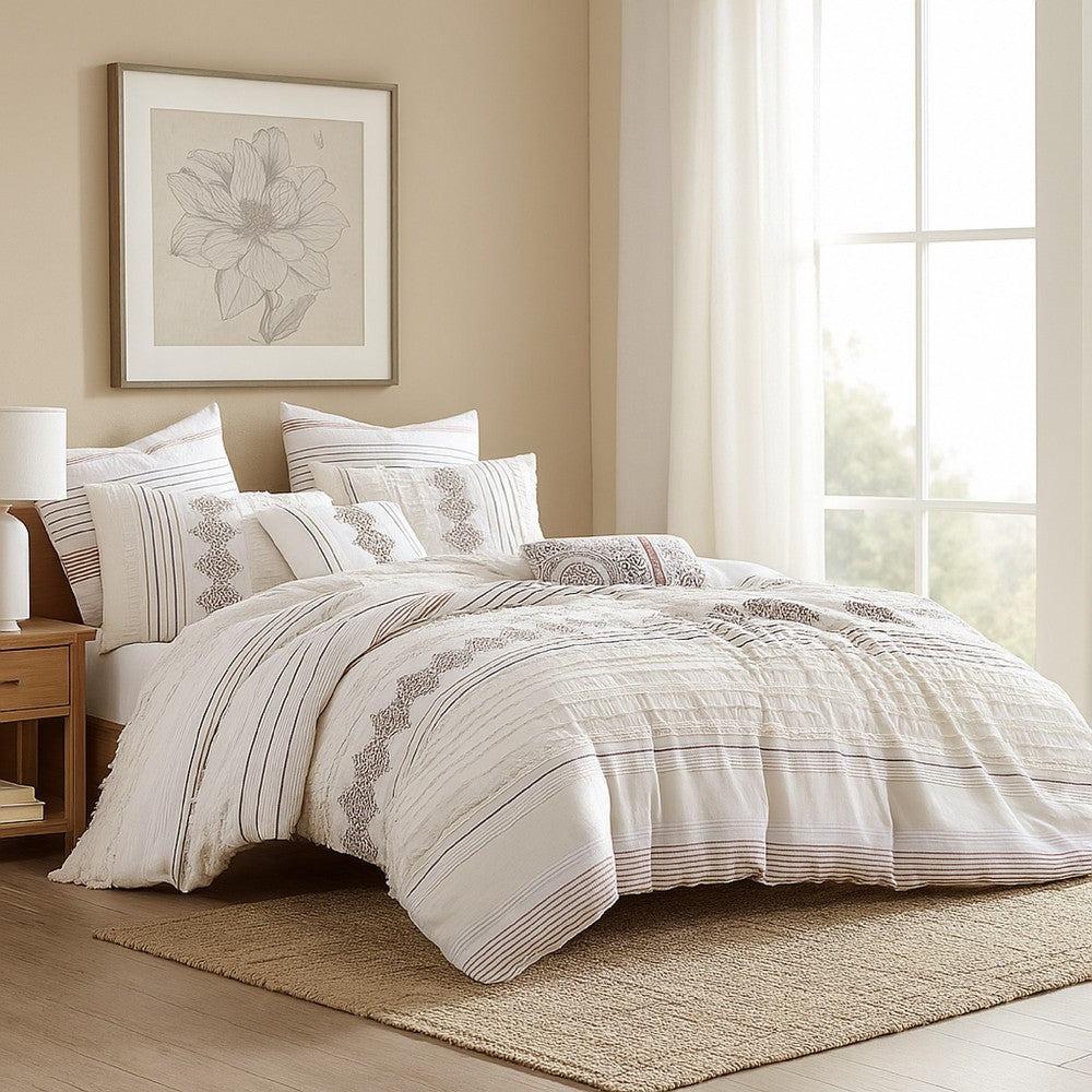 Benjara Jela 5pc King Size Comforter Set, Shams, White Clipped Jacquard Stripe