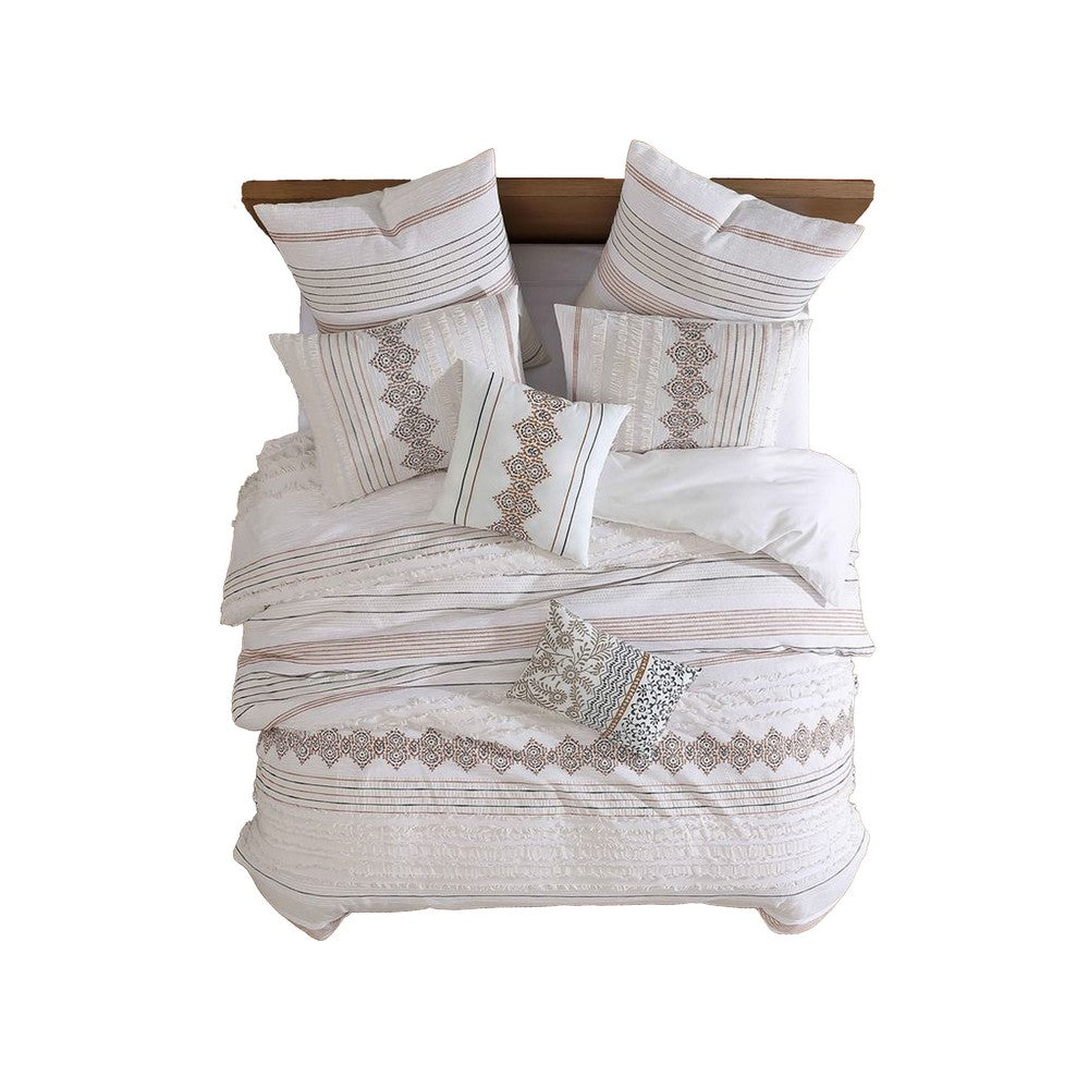 Benjara Jela 5pc Queen Comforter Set, Shams, White Clipped Jacquard Stripe