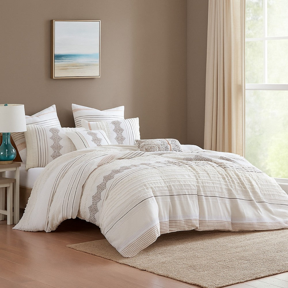 Benjara Jela 5pc Queen Comforter Set, Shams, White Clipped Jacquard Stripe