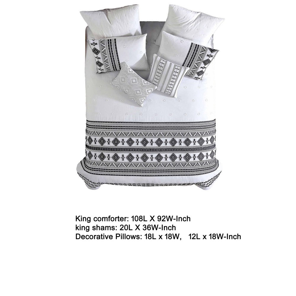 Benjara Jim 5pc King Size Comforter Set, Shams, White Black Jacquard Stripe
