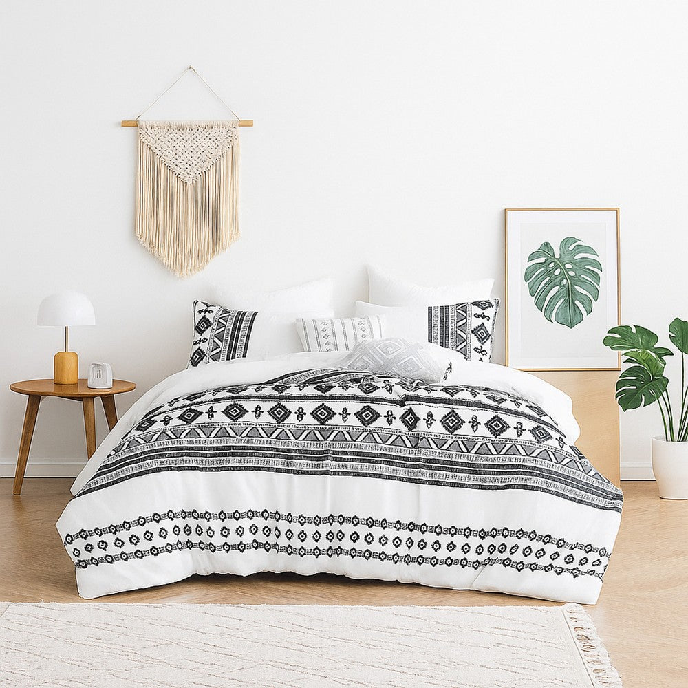 Benjara Jim 5pc King Size Comforter Set, Shams, White Black Jacquard Stripe
