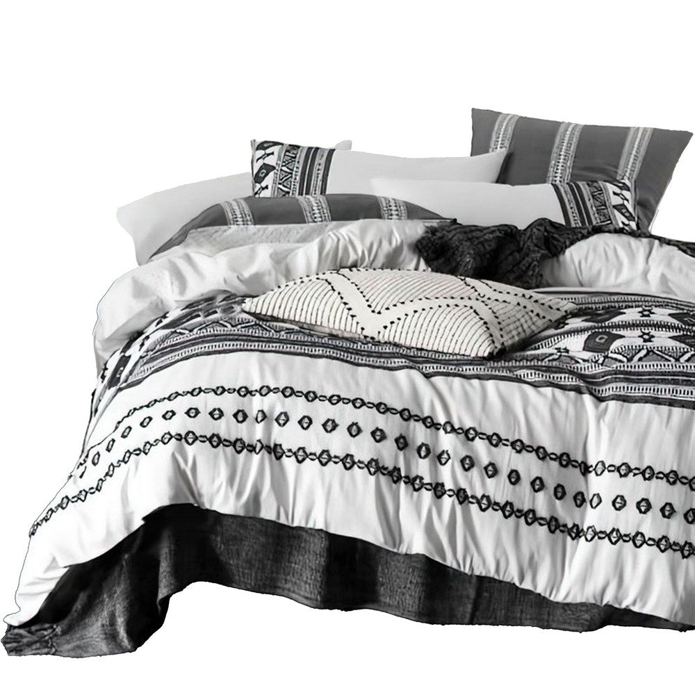 Benjara Jim 5pc Queen Size Comforter Set, Shams, White Black Jacquard Stripe