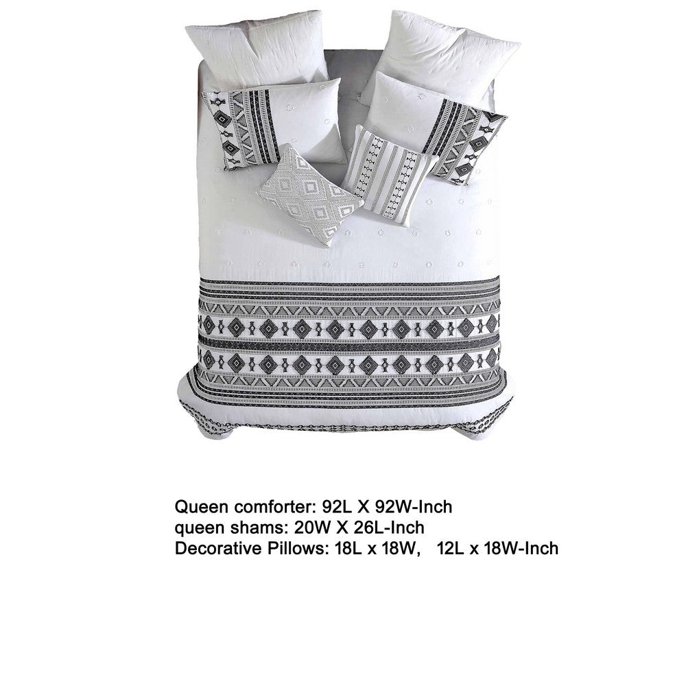Benjara Jim 5pc Queen Size Comforter Set, Shams, White Black Jacquard Stripe