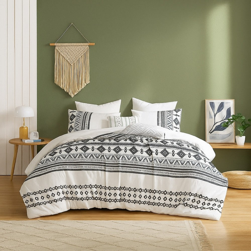 Benjara Jim 5pc Queen Size Comforter Set, Shams, White Black Jacquard Stripe