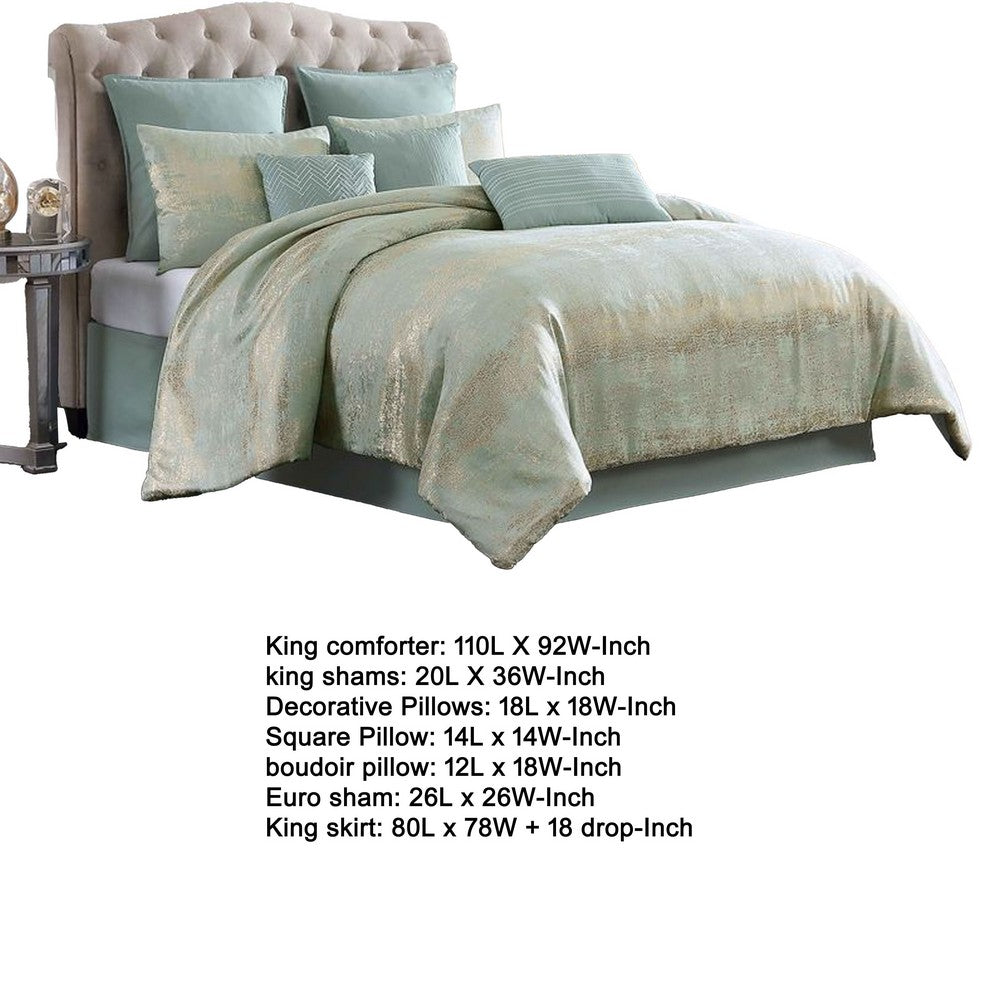 Benjara Teesa 10pc King Comforter Set, Shams, Blue And Gold Woven Jacquard