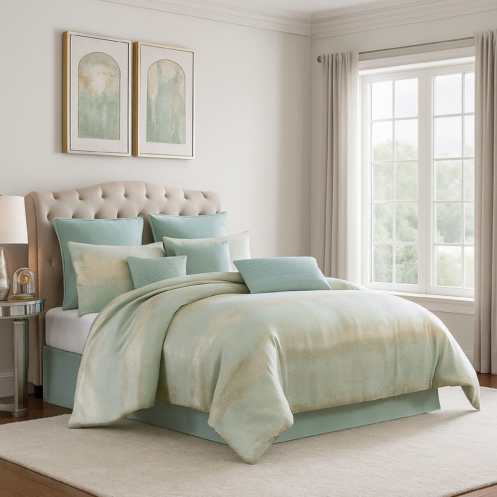 Benjara Teesa 10pc King Comforter Set, Shams, Blue And Gold Woven Jacquard