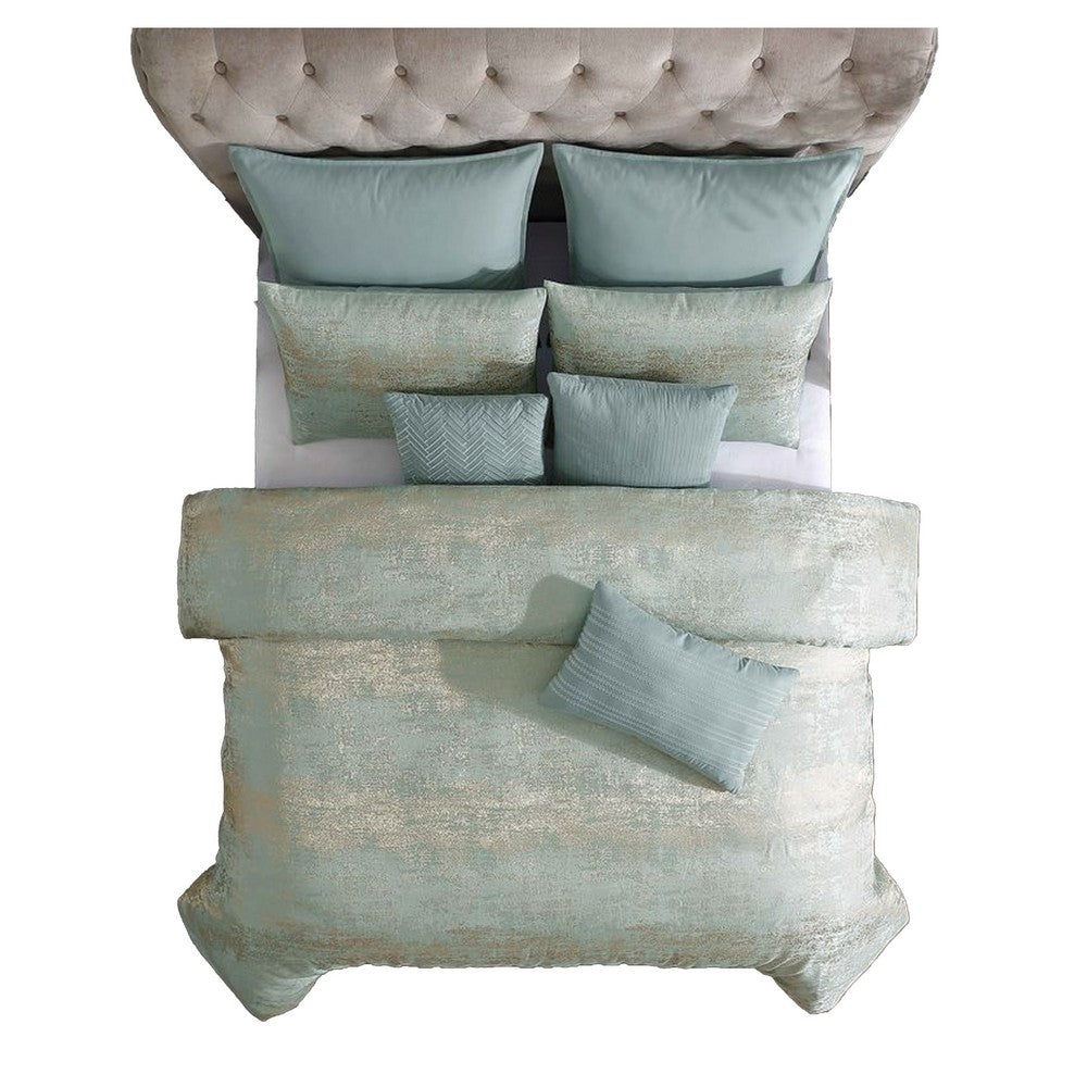 Benjara Teesa 9pc Queen Comforter Set, Shams, Blue And Gold Woven Jacquard