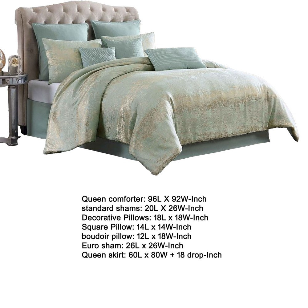 Benjara Teesa 9pc Queen Comforter Set, Shams, Blue And Gold Woven Jacquard