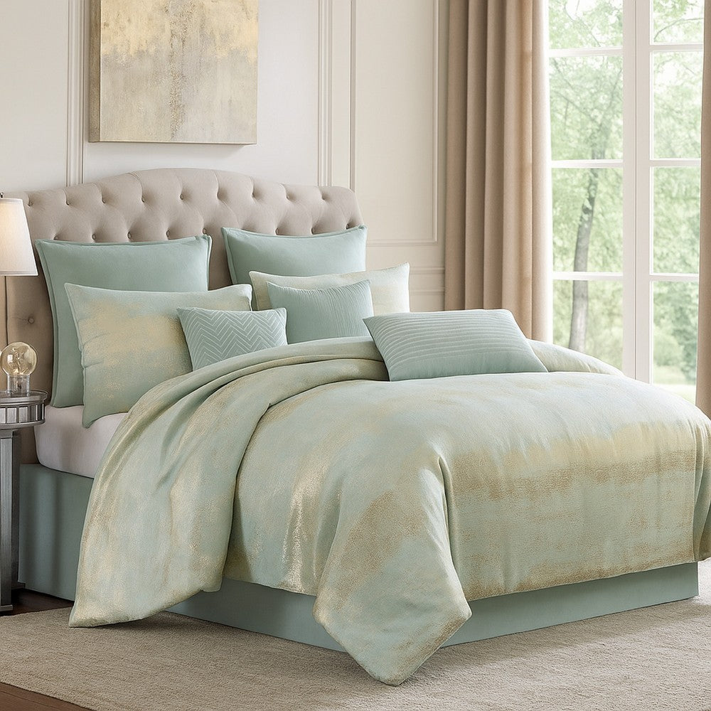Benjara Teesa 9pc Queen Comforter Set, Shams, Blue And Gold Woven Jacquard