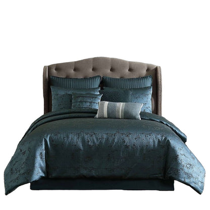 Benjara Beny 10pc King Size Comforter Set, Dark Turquoise Blue Woven Jacquard