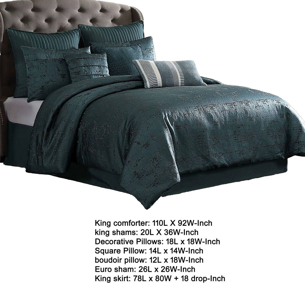 Benjara Beny 10pc King Size Comforter Set, Dark Turquoise Blue Woven Jacquard